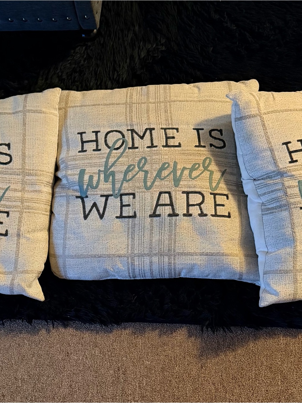 (3) Decorative Beige Plaid Throw Pillow with 'Home Is Wherever We Are' Script